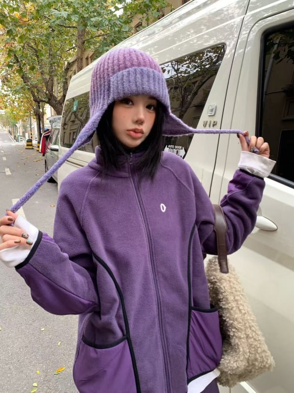Ženski zimski set: flis kardigan i suknja s izvezenim motivom, japanski stil