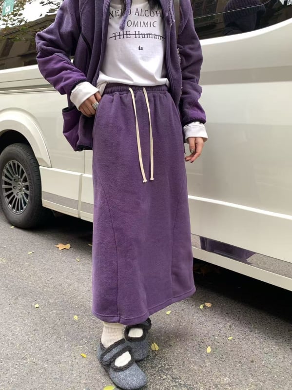 Ženski zimski set: flis kardigan i suknja s izvezenim motivom, japanski stil
