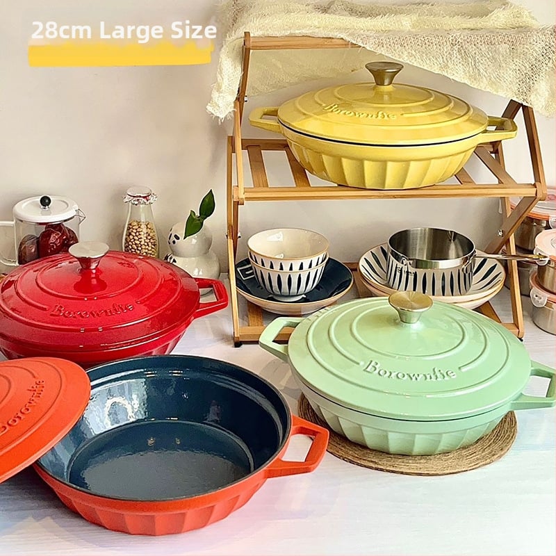 Oală emailată din fontă, cu mânere duble – stil Nordic, izolație, antiaderent, model BO28, greutate 5,2 kg