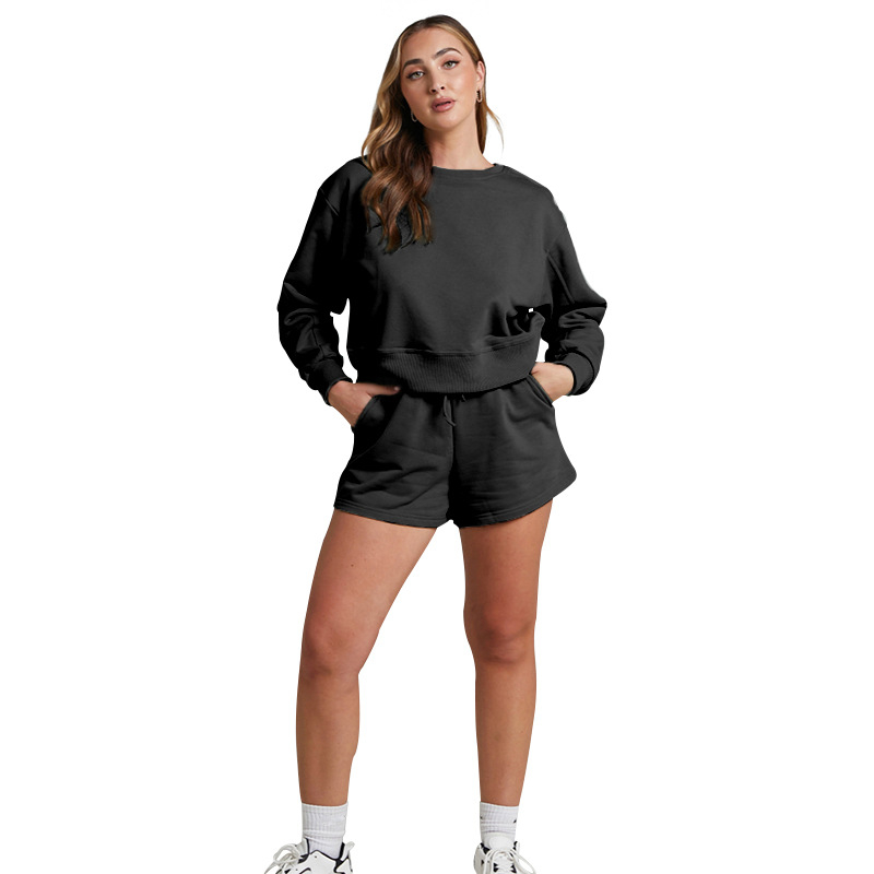 Ženski dvodijelni set: hoodie s dugim rukavima i hlače do tri četvrtine; materijal poliester-pamuk; casual euro-američki stil