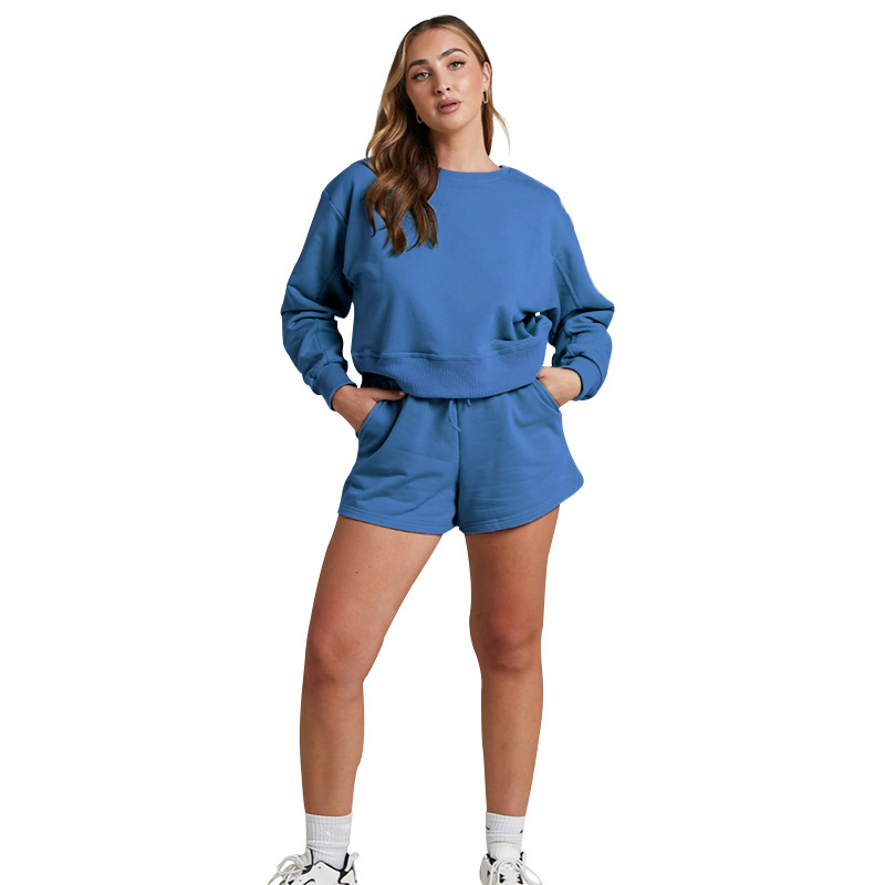 Ženski dvodijelni set: hoodie s dugim rukavima i hlače do tri četvrtine; materijal poliester-pamuk; casual euro-američki stil