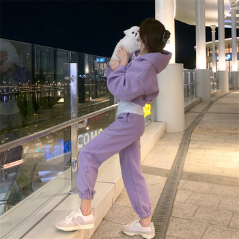 Set sport lejer pentru femei cu fleece, din bumbac >95%, două piese: hanorac cu mânecă lungă și pantaloni jogger, stil coreean, Primăvara 2026