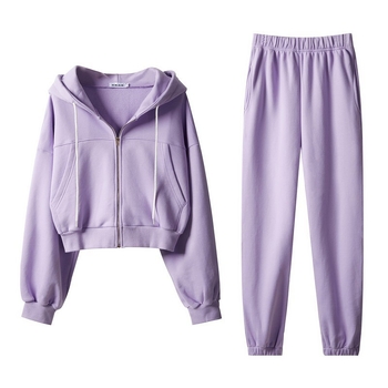 Set sport lejer pentru femei cu fleece, din bumbac >95%, două piese: hanorac cu mânecă lungă și pantaloni jogger, stil coreean, Primăvara 2026