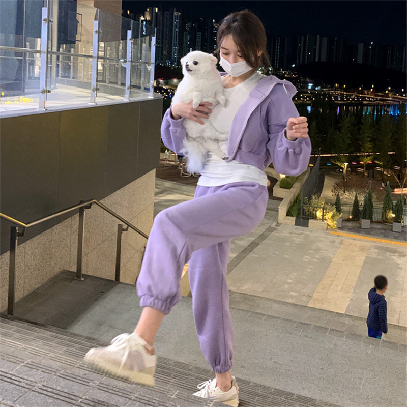 Set sport lejer pentru femei cu fleece, din bumbac >95%, două piese: hanorac cu mânecă lungă și pantaloni jogger, stil coreean, Primăvara 2026