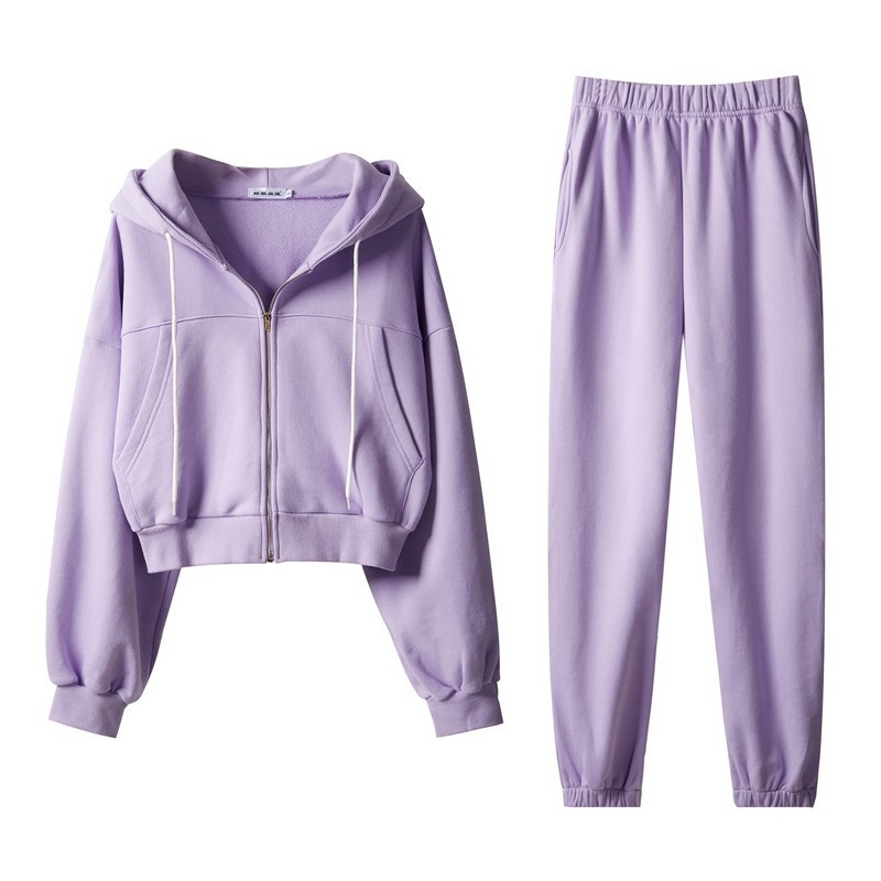 Set sport lejer pentru femei cu fleece, din bumbac >95%, două piese: hanorac cu mânecă lungă și pantaloni jogger, stil coreean, Primăvara 2026