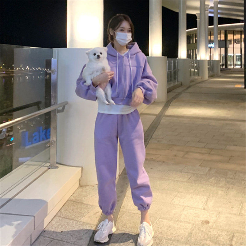 Set sport lejer pentru femei cu fleece, din bumbac >95%, două piese: hanorac cu mânecă lungă și pantaloni jogger, stil coreean, Primăvara 2026