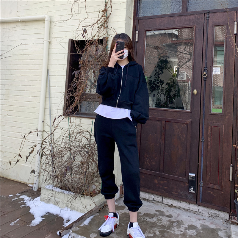 Set sport lejer pentru femei cu fleece, din bumbac >95%, două piese: hanorac cu mânecă lungă și pantaloni jogger, stil coreean, Primăvara 2026