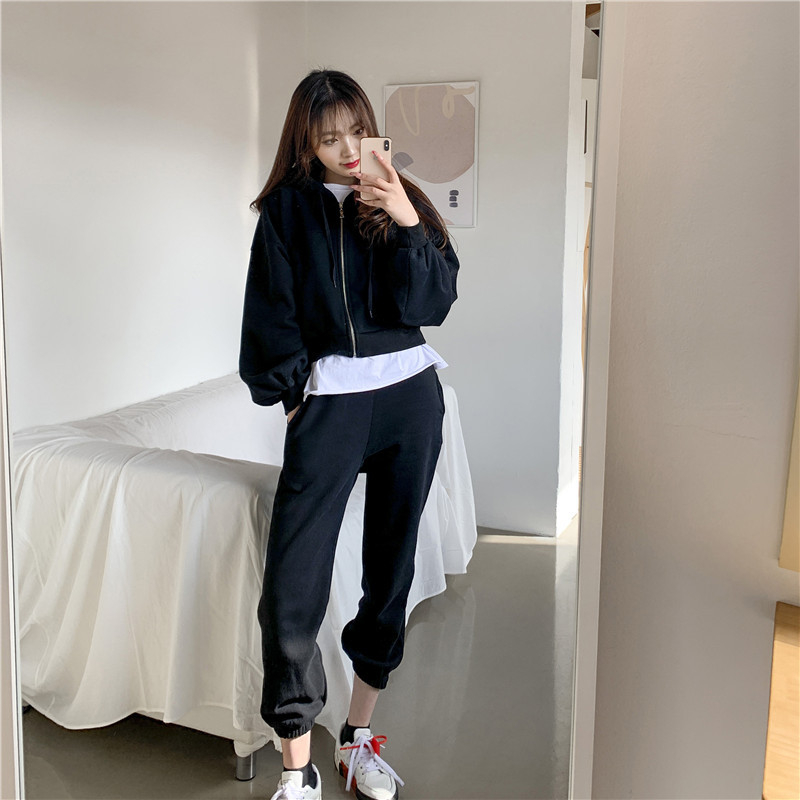 Set sport lejer pentru femei cu fleece, din bumbac >95%, două piese: hanorac cu mânecă lungă și pantaloni jogger, stil coreean, Primăvara 2026