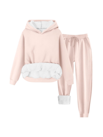 Costum feminin de iarnă 2024 din poliester, set pantaloni cu hanorac Căptușit cu fleece