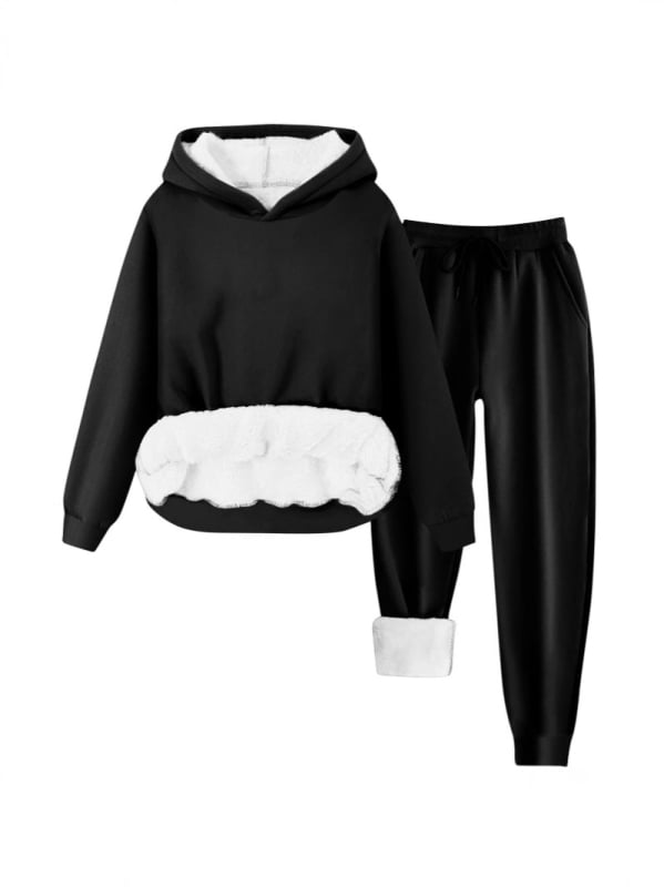 Costum feminin de iarnă 2024 din poliester, set pantaloni cu hanorac Căptușit cu fleece