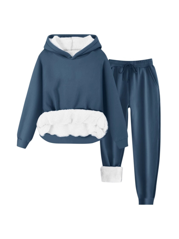 Costum feminin de iarnă 2024 din poliester, set pantaloni cu hanorac Căptușit cu fleece