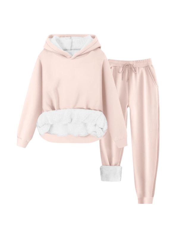 Costum feminin de iarnă 2024 din poliester, set pantaloni cu hanorac Căptușit cu fleece