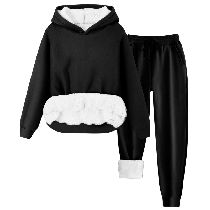 Costum feminin de iarnă 2024 din poliester, set pantaloni cu hanorac Căptușit cu fleece