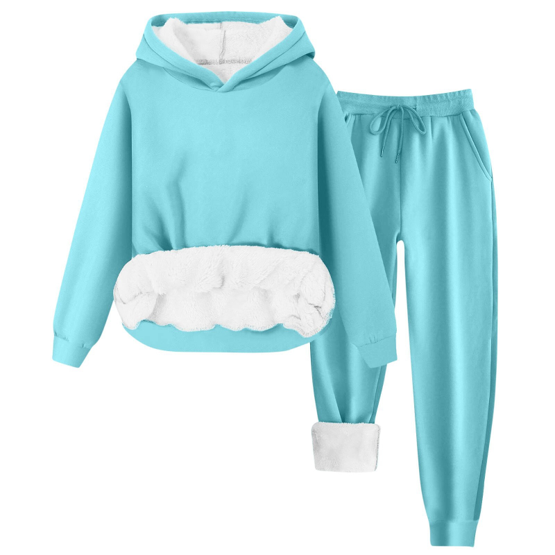 Costum feminin de iarnă 2024 din poliester, set pantaloni cu hanorac Căptușit cu fleece