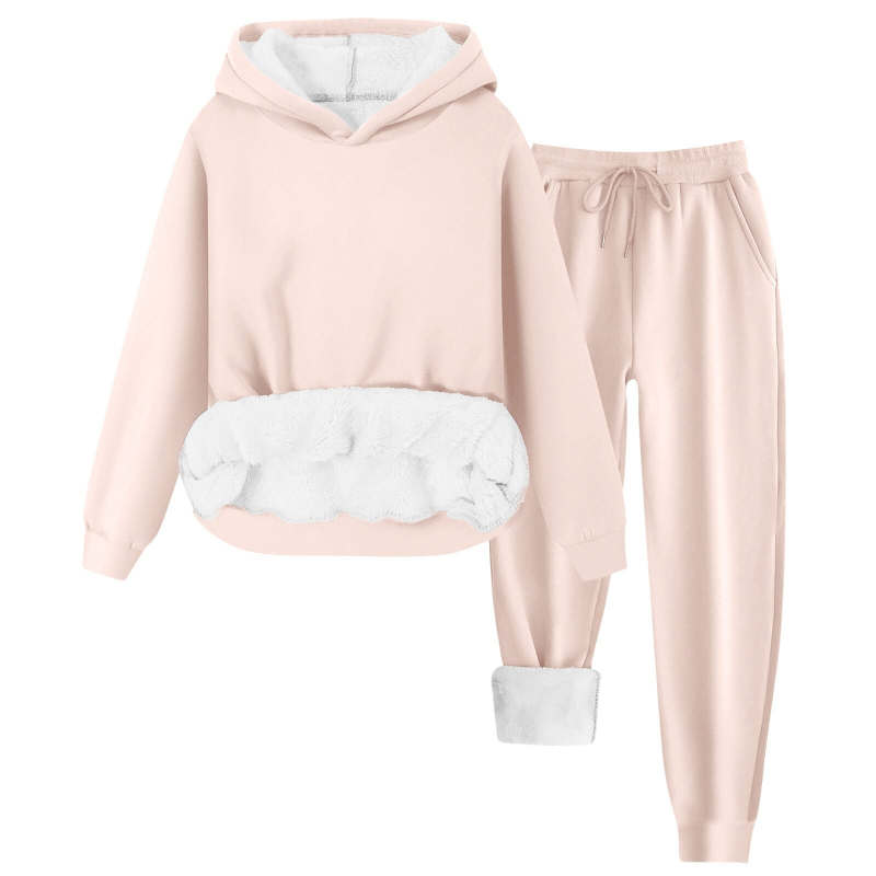 Costum feminin de iarnă 2024 din poliester, set pantaloni cu hanorac Căptușit cu fleece