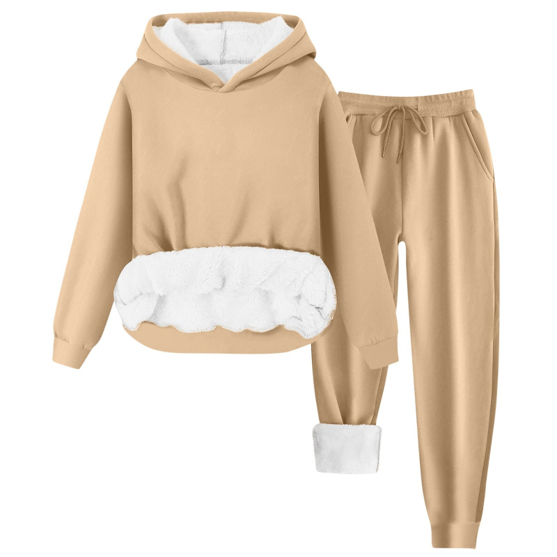 Costum feminin de iarnă 2024 din poliester, set pantaloni cu hanorac Căptușit cu fleece