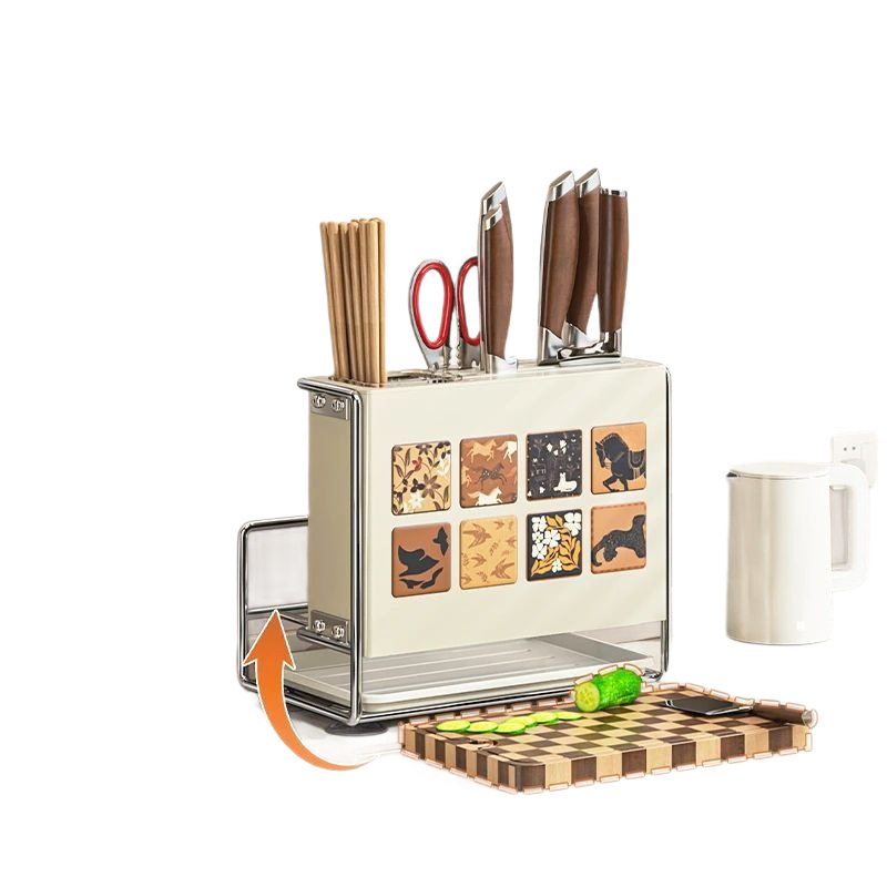 Κουζίνας αποθηκευτικός ράφι με θήκη μαχαιριών, θήκη για μαχαιροπίρουνα και θήκη κοπτικών σανίδων — επιτραπέζιος και τοίχους, πολυλειτουργικός, κινητός, χωρίς εγκατάσταση, από ανθρακούχο ατσάλι