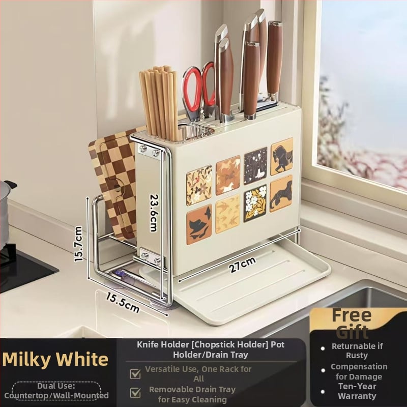 Κουζίνας αποθηκευτικός ράφι με θήκη μαχαιριών, θήκη για μαχαιροπίρουνα και θήκη κοπτικών σανίδων — επιτραπέζιος και τοίχους, πολυλειτουργικός, κινητός, χωρίς εγκατάσταση, από ανθρακούχο ατσάλι