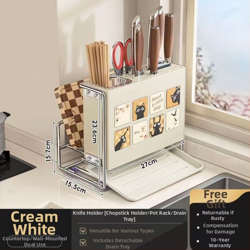 Κουζίνας αποθηκευτικός ράφι με θήκη μαχαιριών, θήκη για μαχαιροπίρουνα και θήκη κοπτικών σανίδων — επιτραπέζιος και τοίχους, πολυλειτουργικός, κινητός, χωρίς εγκατάσταση, από ανθρακούχο ατσάλι