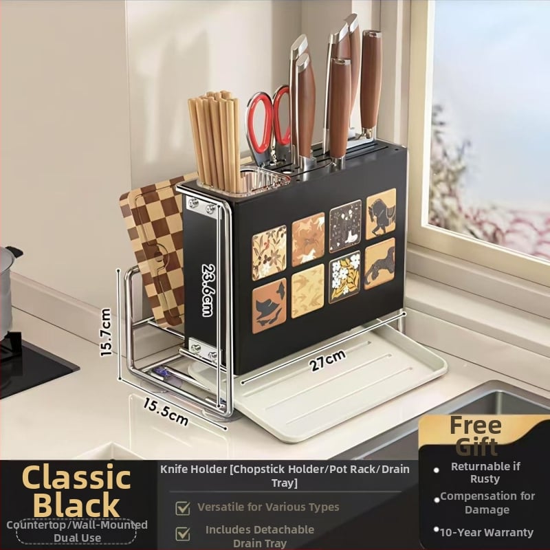 Κουζίνας αποθηκευτικός ράφι με θήκη μαχαιριών, θήκη για μαχαιροπίρουνα και θήκη κοπτικών σανίδων — επιτραπέζιος και τοίχους, πολυλειτουργικός, κινητός, χωρίς εγκατάσταση, από ανθρακούχο ατσάλι