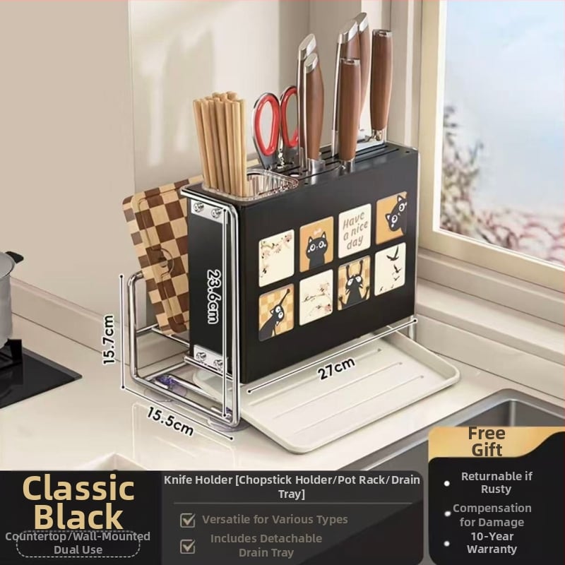 Κουζίνας αποθηκευτικός ράφι με θήκη μαχαιριών, θήκη για μαχαιροπίρουνα και θήκη κοπτικών σανίδων — επιτραπέζιος και τοίχους, πολυλειτουργικός, κινητός, χωρίς εγκατάσταση, από ανθρακούχο ατσάλι