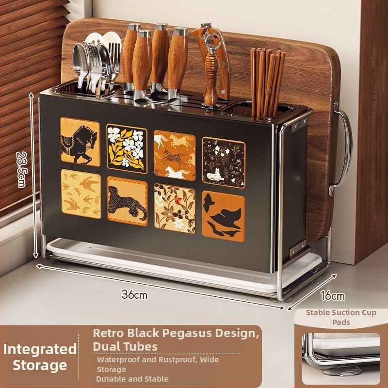 Κουζίνας αποθηκευτικός ράφι με θήκη μαχαιριών, θήκη για μαχαιροπίρουνα και θήκη κοπτικών σανίδων — επιτραπέζιος και τοίχους, πολυλειτουργικός, κινητός, χωρίς εγκατάσταση, από ανθρακούχο ατσάλι