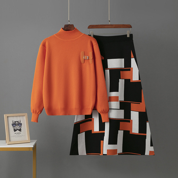 Dvodelni set: pleteni džemper i midi suknja, karirani jacquard materijal, viskoza, duge rukave