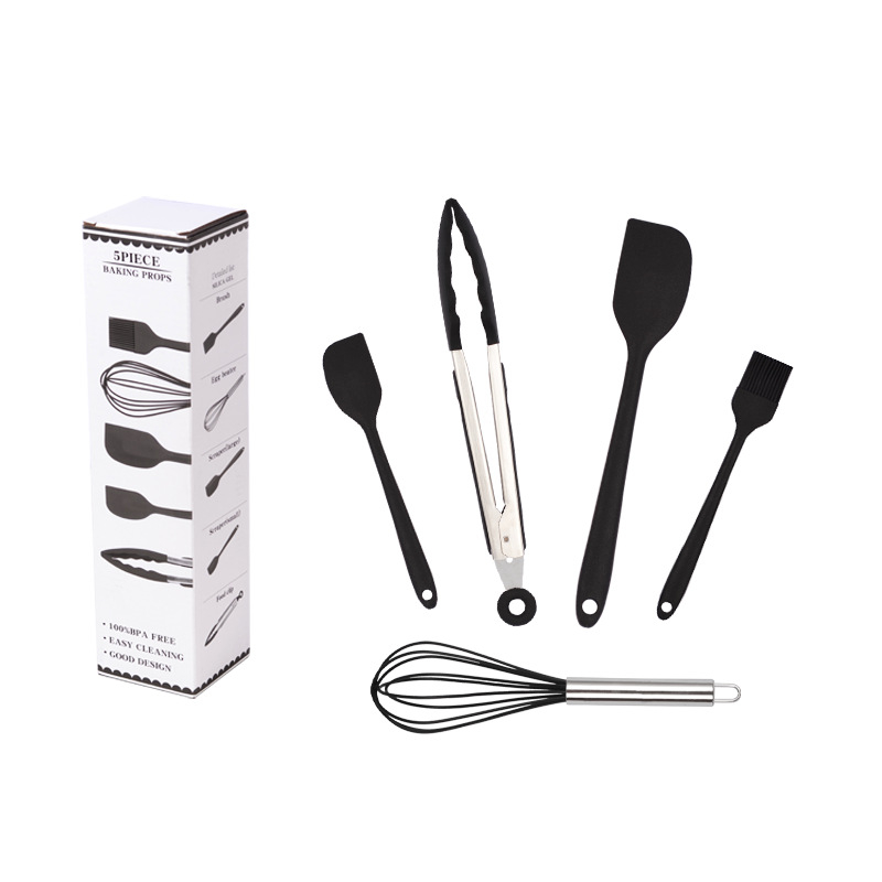 Set din silicon cu cinci piese pentru bucătărie: clips pentru aliment, tel pentru ouă, spatulă, pensulă de ulei și instrumente de copt; mânere din silicon; protecție împotriva arsurilor