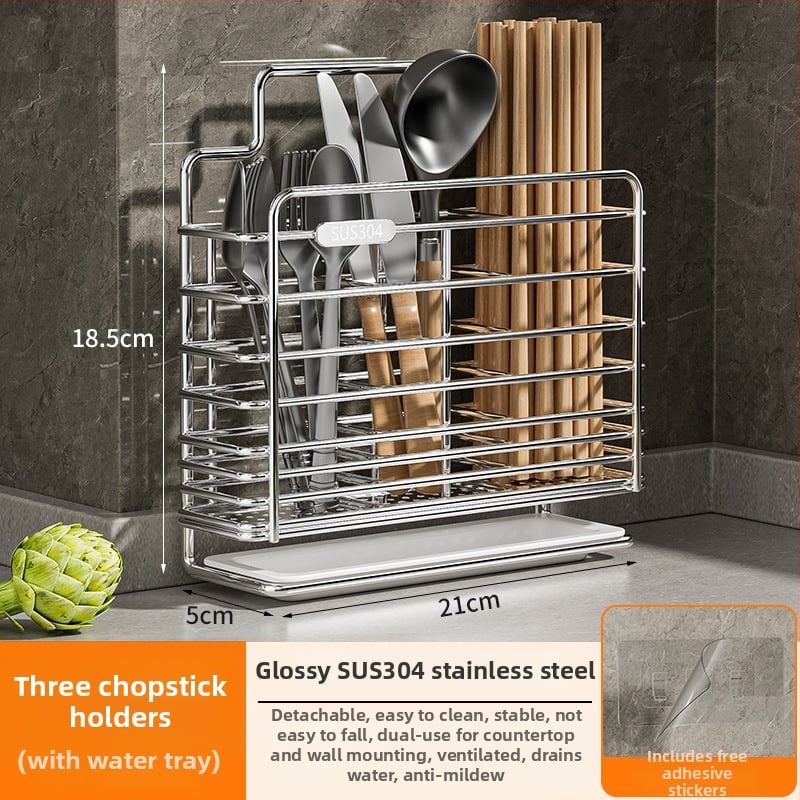 Ανοξείδωτος ράφι αποθήκευσης για chopsticks με ενσωματωμένο κρατητή μαχαιριών — τοίχος ή επιφάνεια, κατά του μύκητα, με αεριζόμενο αποστραγγιστικό σύστημα