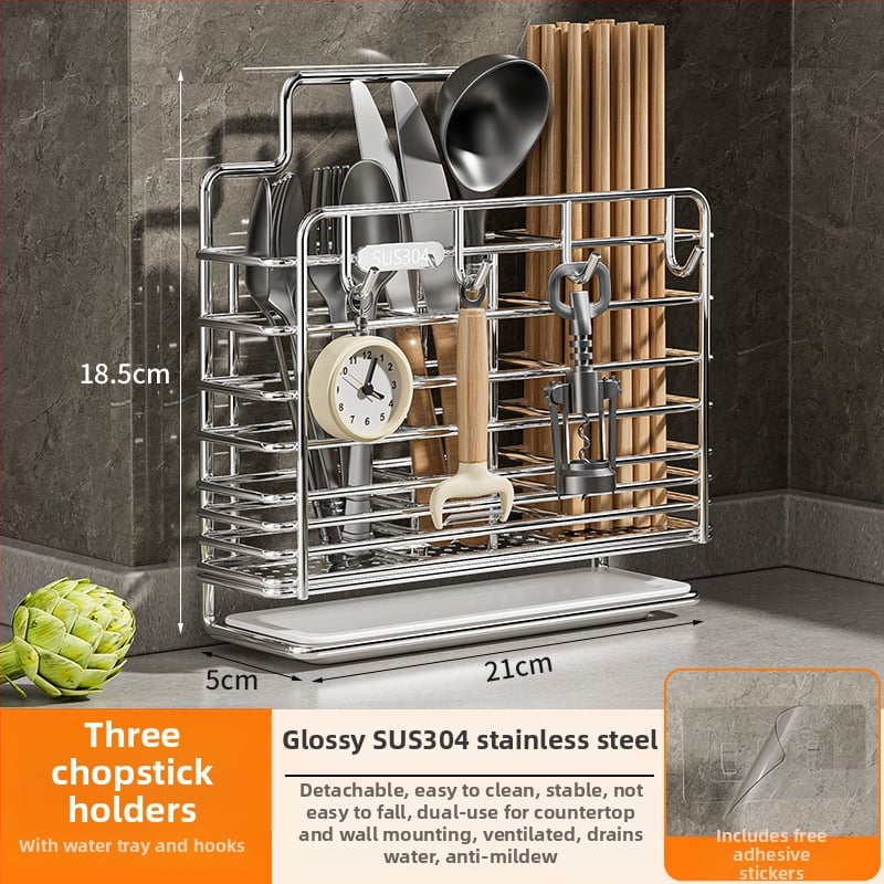 Ανοξείδωτος ράφι αποθήκευσης για chopsticks με ενσωματωμένο κρατητή μαχαιριών — τοίχος ή επιφάνεια, κατά του μύκητα, με αεριζόμενο αποστραγγιστικό σύστημα