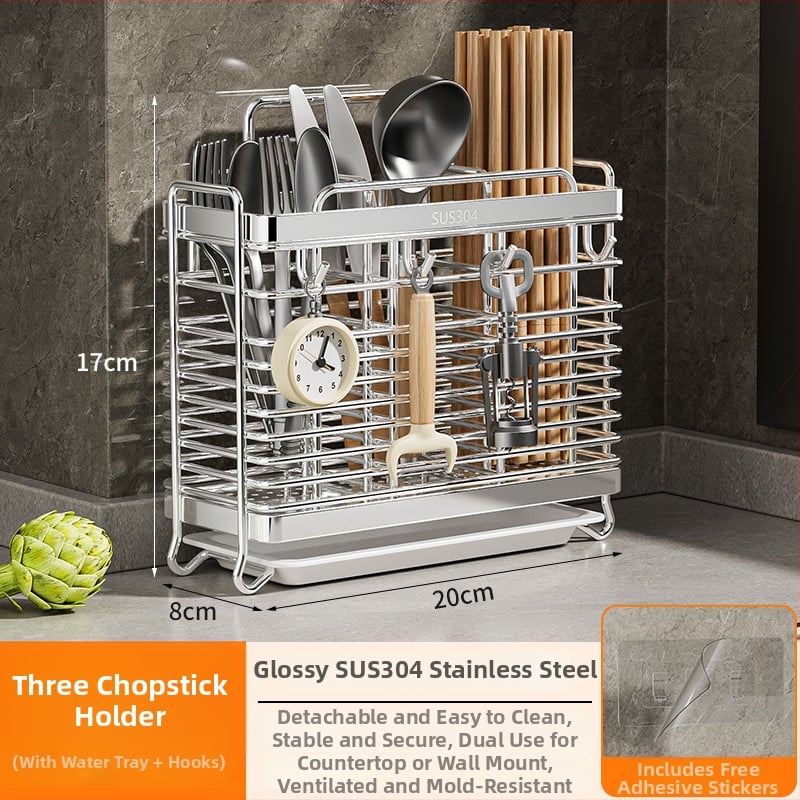 Ανοξείδωτος ράφι αποθήκευσης για chopsticks με ενσωματωμένο κρατητή μαχαιριών — τοίχος ή επιφάνεια, κατά του μύκητα, με αεριζόμενο αποστραγγιστικό σύστημα