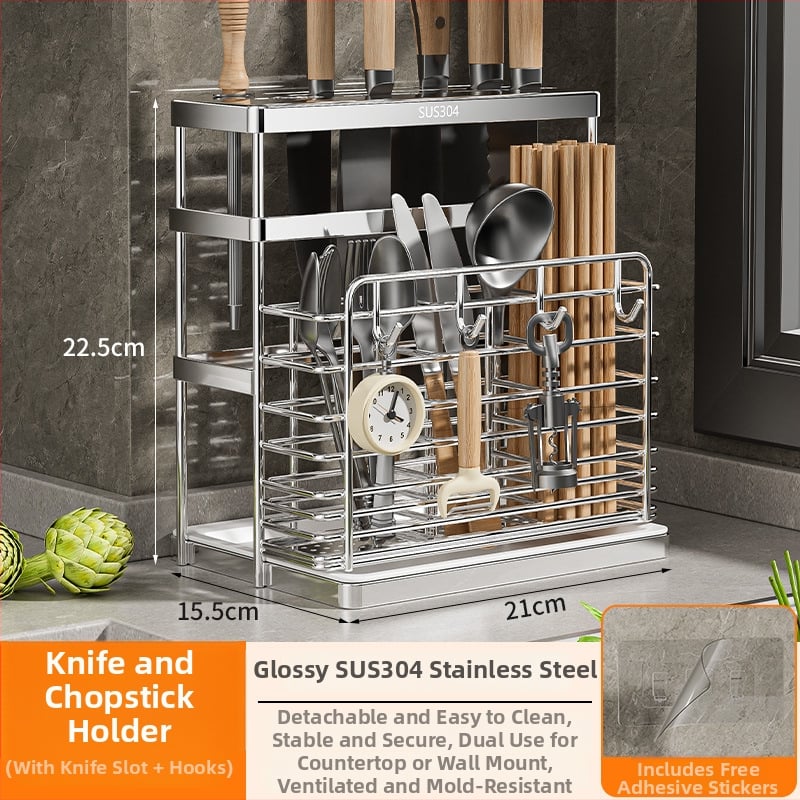 Ανοξείδωτος ράφι αποθήκευσης για chopsticks με ενσωματωμένο κρατητή μαχαιριών — τοίχος ή επιφάνεια, κατά του μύκητα, με αεριζόμενο αποστραγγιστικό σύστημα