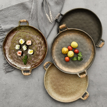 Ρετρό πέτρινο κεραμικό πιάτο για δείπνο, στρογγυλό, με πολλαπλά σχέδια, ασφαλές για φούρνο microκυμάτων, ιαπωνικού στυλ κεραμικό σερβίρισμα