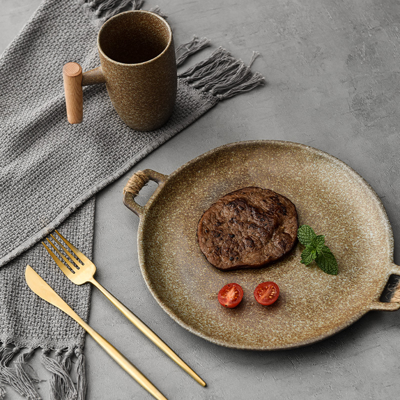 Ρετρό πέτρινο κεραμικό πιάτο για δείπνο, στρογγυλό, με πολλαπλά σχέδια, ασφαλές για φούρνο microκυμάτων, ιαπωνικού στυλ κεραμικό σερβίρισμα