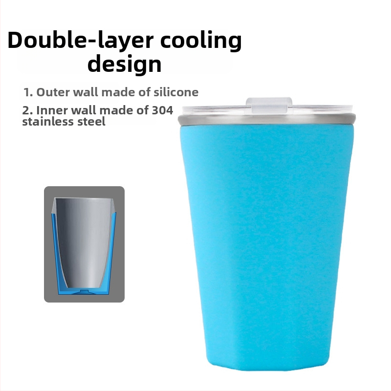 Dvojvrstvový chladiaci pohár: vnútorný silikón, vonkajšia 304 nerezová oceľ; chladiace uchovávanie; hmotnosť 250 g