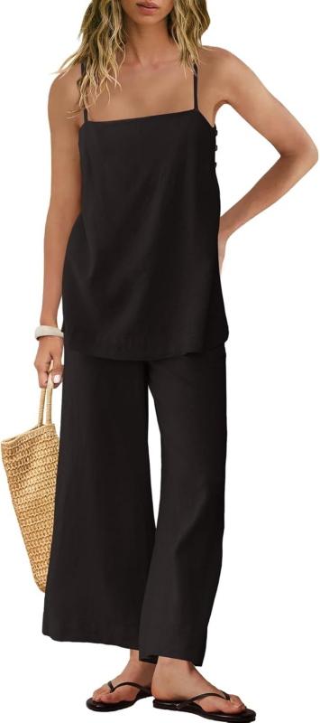 Ženski laneni set: bez rukava vest i hlače, stil: elegantan uredski, 95% lana + spandeks