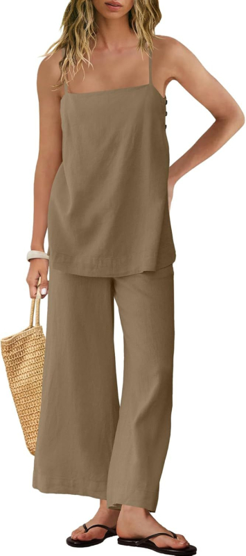 Ženski laneni set: bez rukava vest i hlače, stil: elegantan uredski, 95% lana + spandeks