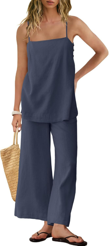 Ženski laneni set: bez rukava vest i hlače, stil: elegantan uredski, 95% lana + spandeks