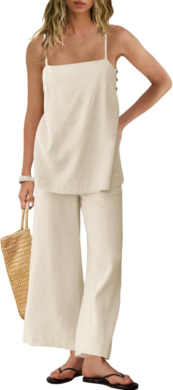 Ženski laneni set: bez rukava vest i hlače, stil: elegantan uredski, 95% lana + spandeks
