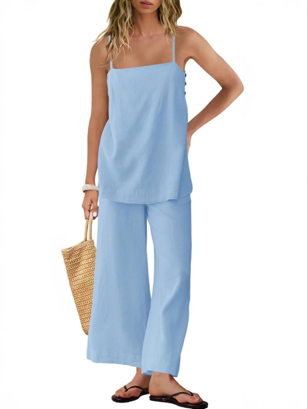 Ženski laneni set: bez rukava vest i hlače, stil: elegantan uredski, 95% lana + spandeks