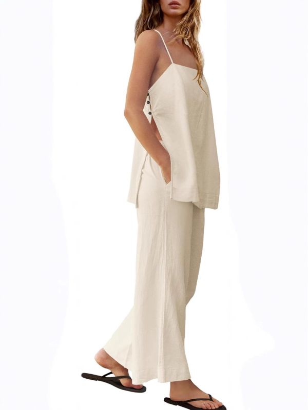 Ženski laneni set: bez rukava vest i hlače, stil: elegantan uredski, 95% lana + spandeks
