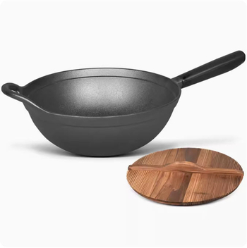 Wok od lijevanog željeza s ravnim dnom i drvenim poklopcem, model JZ-ZTZHDB31C