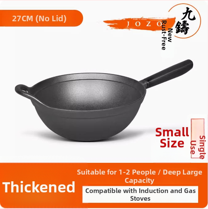 Wok z liatiny s plochým dnom a dreveným krytom, model JZ-ZTZHDB31C