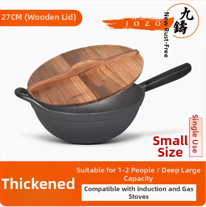 Wok z liatiny s plochým dnom a dreveným krytom, model JZ-ZTZHDB31C