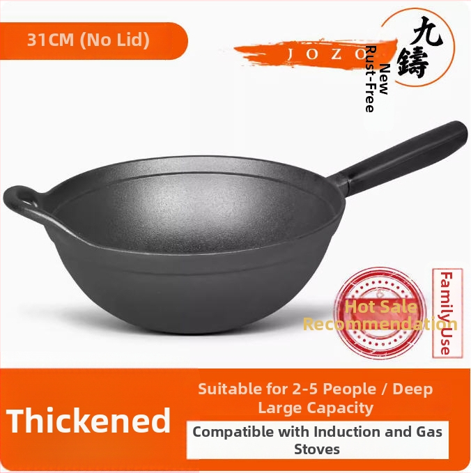 Wok z liatiny s plochým dnom a dreveným krytom, model JZ-ZTZHDB31C
