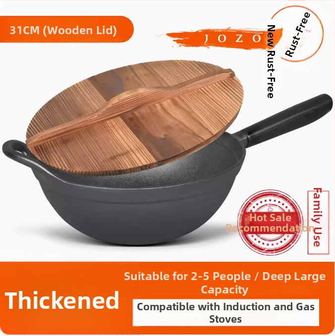 Wok z liatiny s plochým dnom a dreveným krytom, model JZ-ZTZHDB31C
