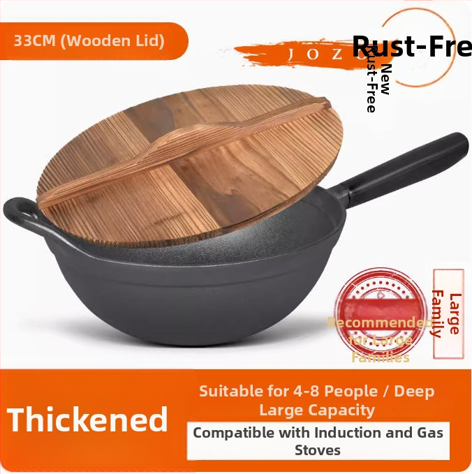 Wok z liatiny s plochým dnom a dreveným krytom, model JZ-ZTZHDB31C