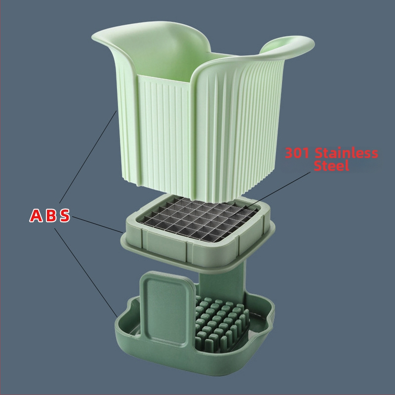 Viacúčelový krájač zeleniny; krája na kocky a plátky pre zemiaky, uhorky a avokádo; ABS telo a nože z 301 nerezovej ocele; moderný minimalistický dizajn; tlač loga k dispozícii.