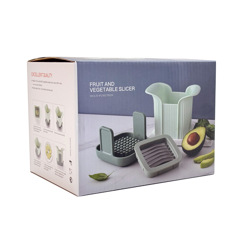 Cuțit multifunctional de legume pentru casă; tăiere cuburi și felii pentru cartofi, castraveți și avocado; corp din ABS și lame din oțel inoxidabil 301; design modern minimalist; imprimare logo disponibilă.
