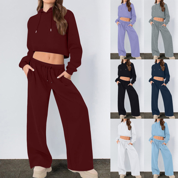 Ženski dvodijelni sportski set s kapuljačom i dugim hlačama, pamuk-poliester smjesa, 2025 zima, japansko-korejski casual stil, patchwork detalji